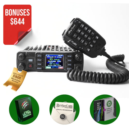 The AnyTone AT-D578UVIII Plus Bundle includes a keypad microphone, mic switch, DMX workshop access card, and three bonuses: Ultra Codeplug, BridgeCom Plus Membership, and BridgeCom University access.
