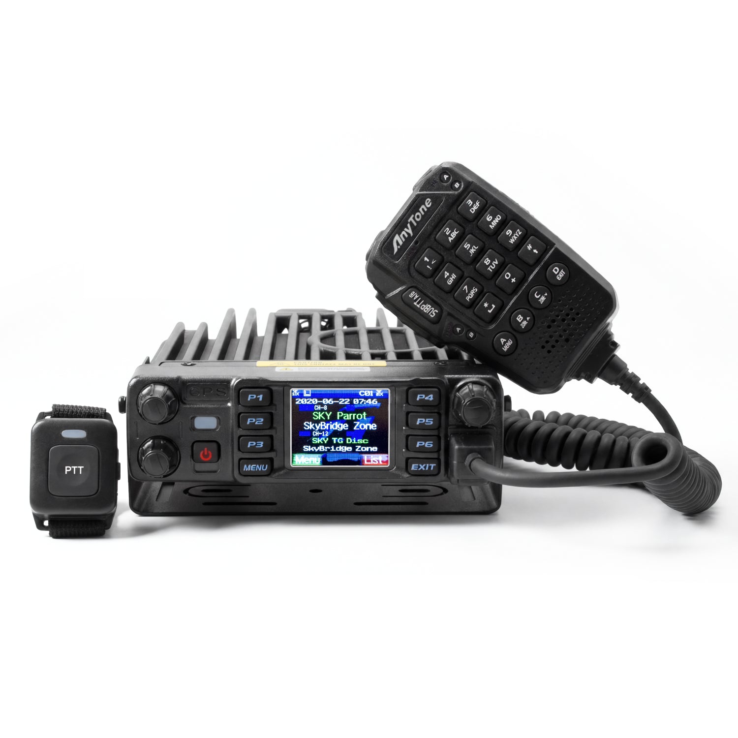 The AnyTone AT-D578UVIII Plus is a black tri-band mobile radio transceiver with a digital display, multiple buttons, a handheld keypad mic, and separate PTT button—ideal for ham radio enthusiasts.