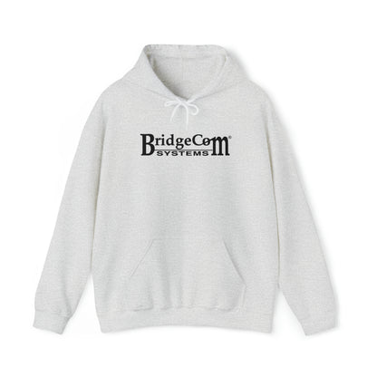 A light gray Unisex Heavy Blend™ Hooded Sweatshirt from BridgeCom Systems, featuring "BridgeCom Systems" printed in black on the front. Made from a 50/50 cotton-polyester blend, it includes a front pocket and adjustable drawstrings on the hood, making it perfect for amateur radio enthusiasts.
