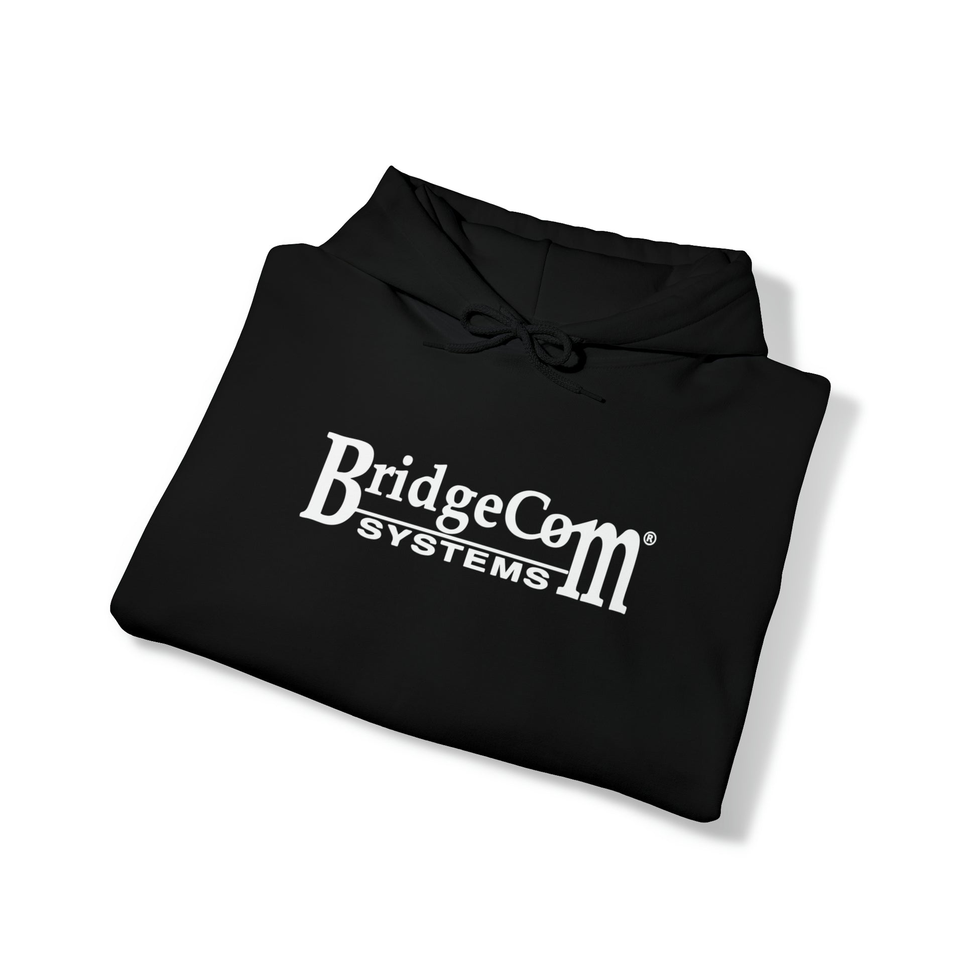 A black Unisex Heavy Blend™ Hooded Sweatshirt from BridgeCom Systems, featuring the logo printed in white on the front, is neatly folded against a white background. Made from a 50/50 cotton-polyester blend, this hoodie has drawstrings at the neck and is perfect for amateur radio enthusiasts.