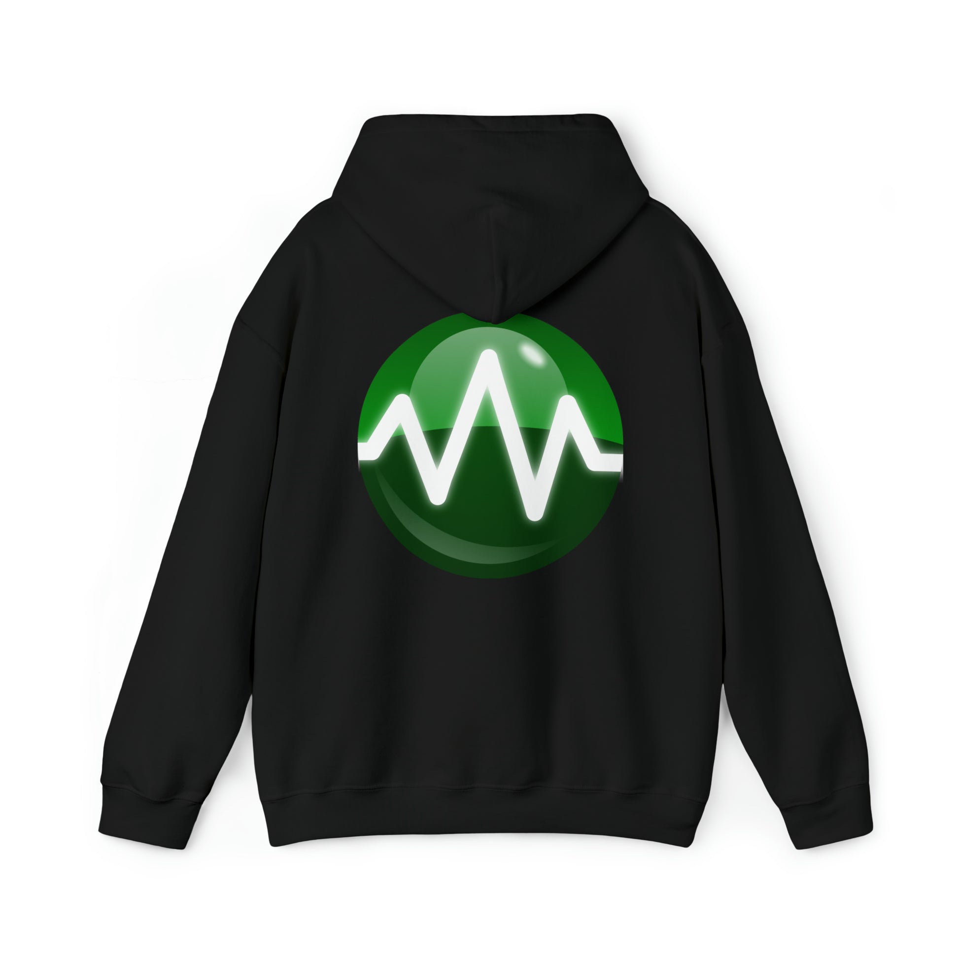 A Unisex Heavy Blend™ Hooded Sweatshirt in black, featuring a large green and white circular logo on the back. The logo showcases a green background with a white waveform design, reminiscent of an audio signal or heartbeat monitor. Made from a comfortable 50/50 cotton-polyester blend, this hoodie includes a hood and long sleeves.