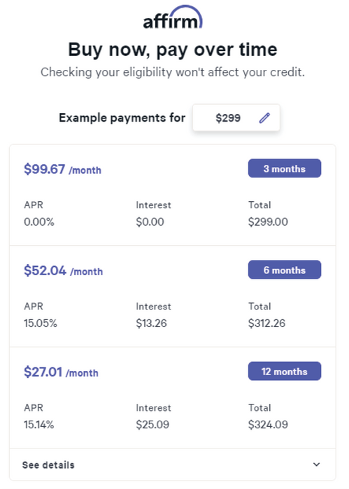 Affirm pay over time cost  break down sheet