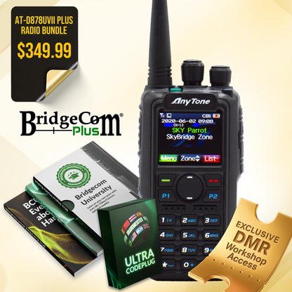 Get the AnyTone AT-D878UVII Plus Bundle from BridgeCom Systems for $349.99, including a handheld radio, manuals, a gold workshop access card, and a green ultra codeplug booklet.