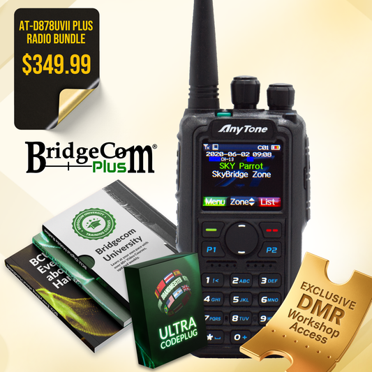 Get the AnyTone AT-D878UVII Plus Bundle from BridgeCom Systems for $349.99, including a handheld radio, manuals, a gold workshop access card, and a green ultra codeplug booklet.