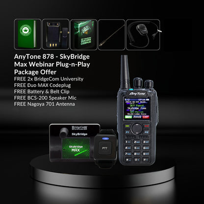 Promotional image of the AnyTone 878 - SkyBridge Max Webinar Plug-n-Play Package Offer, displaying a speaker mic, Dual-Band Digital Hotspot, and antenna against a dark background.