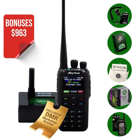 The AnyTone AT-D878UVII Plus Plug and Play Package comes pre-programmed with an antenna, charger, DMR workshop badge, a BridgeCom University course, and includes a “SAVE $963” discount offer.