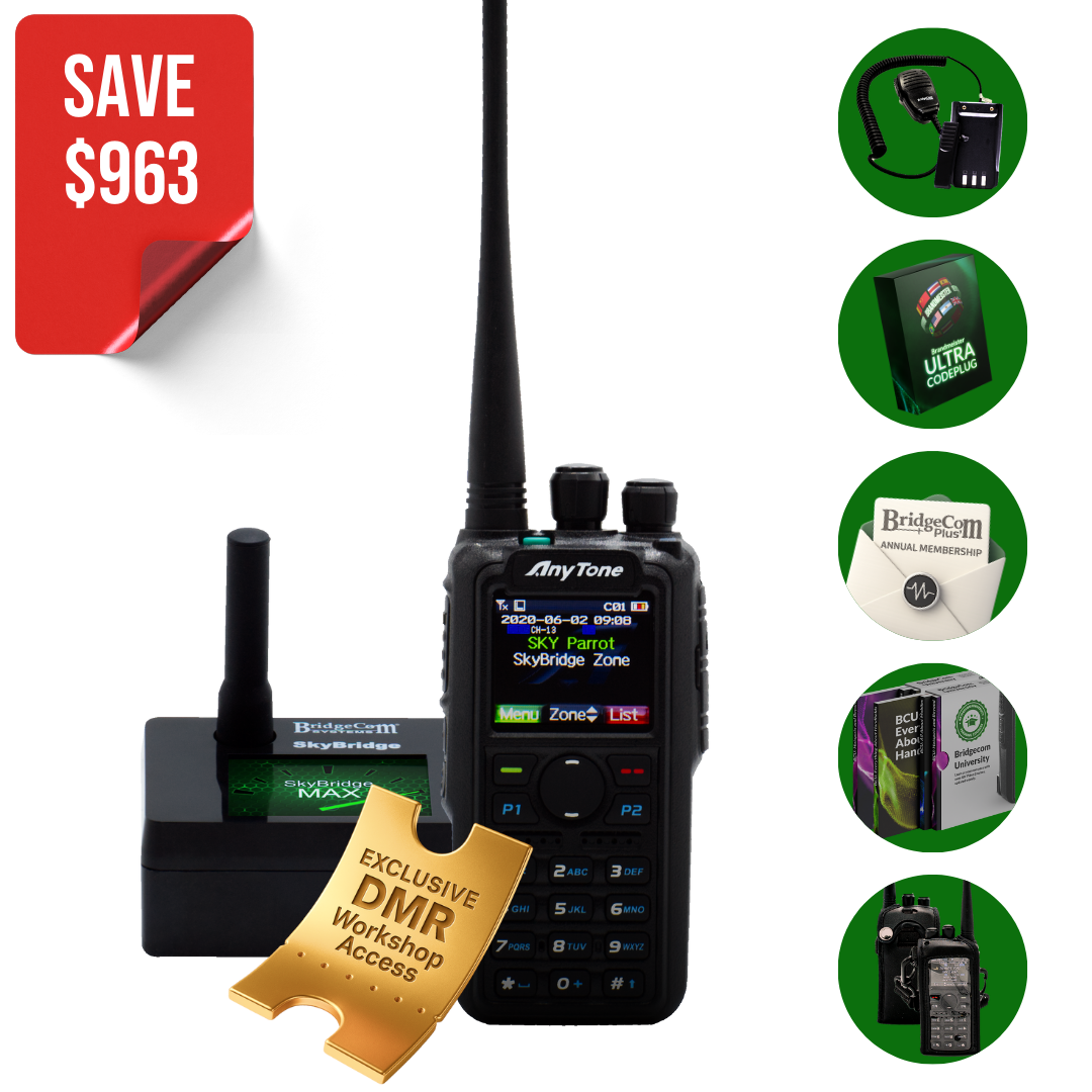 The AnyTone AT-D878UVII Plus Plug and Play Package comes pre-programmed with an antenna, charger, DMR workshop badge, a BridgeCom University course, and includes a “SAVE $963” discount offer.
