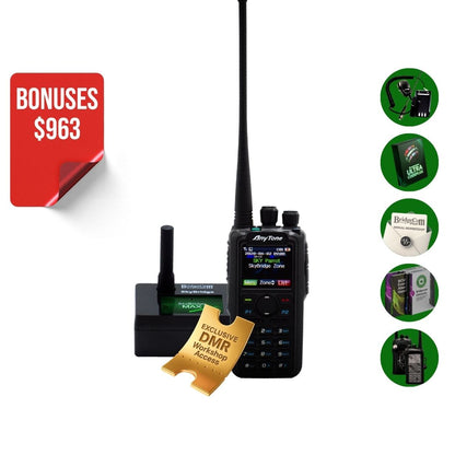The AnyTone AT-D878UVII Plus Plug and Play Package is displayed with antenna, charger, batteries, pre-programmed DMR radio, exclusive DMR workshop access, club membership, and guides. A red label highlights "$963 in Bonuses.
