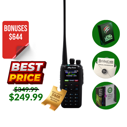 The AnyTone AT-D878UVII Plus Bundle is displayed at $299.99 (was $349.99), with "$644 bonuses" and "best price." Three circular images show bonus items, workshop access, and essential radio communication gear.