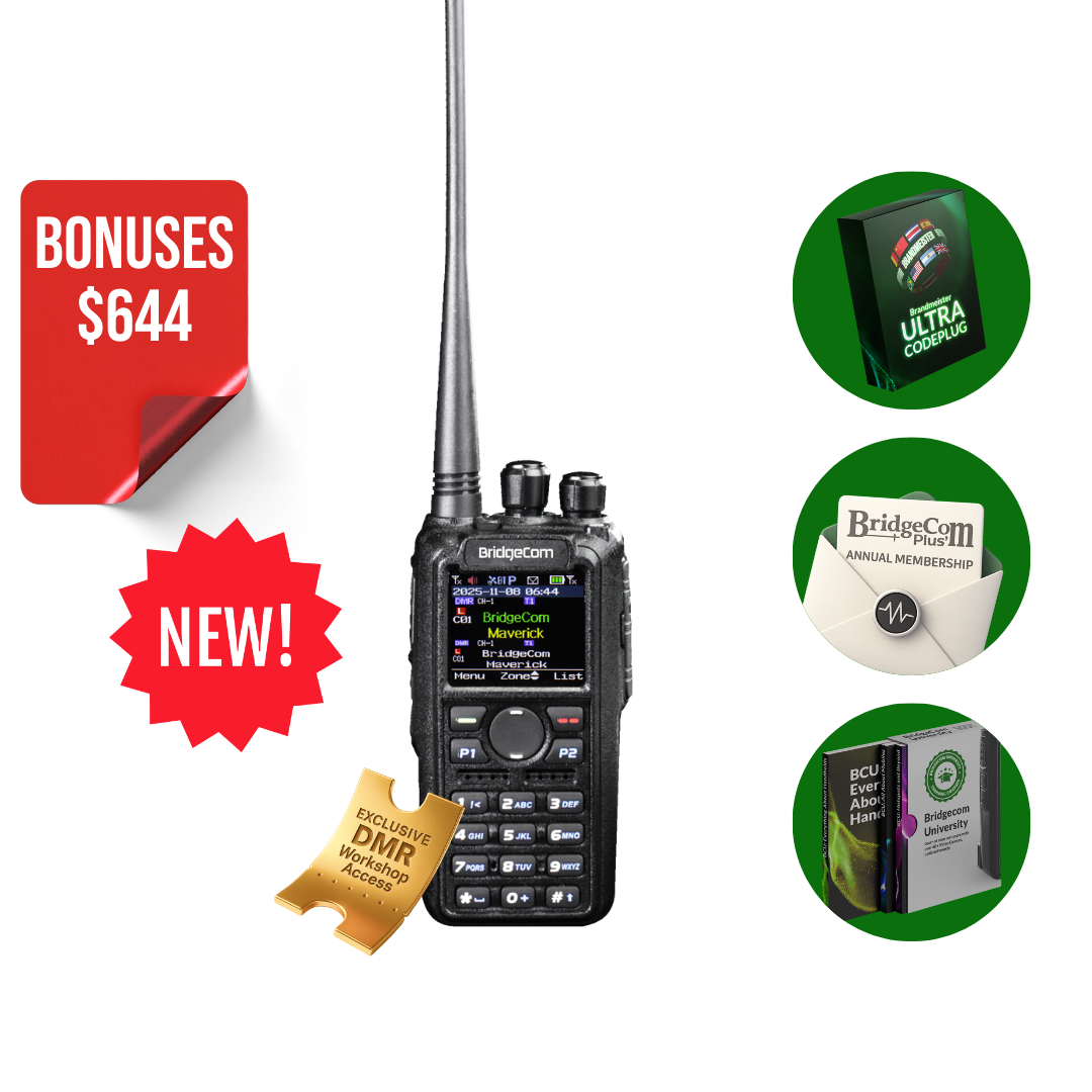 A BridgeCom Maverick Dual Band DMR/Analog Ham Radio with display is centered, surrounded by icons for $644 in bonuses, Airband receive, annual membership, guidebooks, and Ultra Codeplug software. A red "$644 BONUSES" tag is shown.