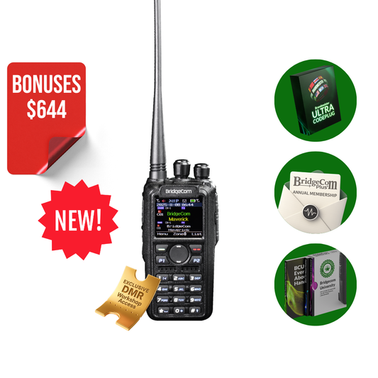 A BridgeCom Maverick Dual Band DMR/Analog Ham Radio with display is centered, surrounded by icons for $644 in bonuses, Airband receive, annual membership, guidebooks, and Ultra Codeplug software. A red "$644 BONUSES" tag is shown.