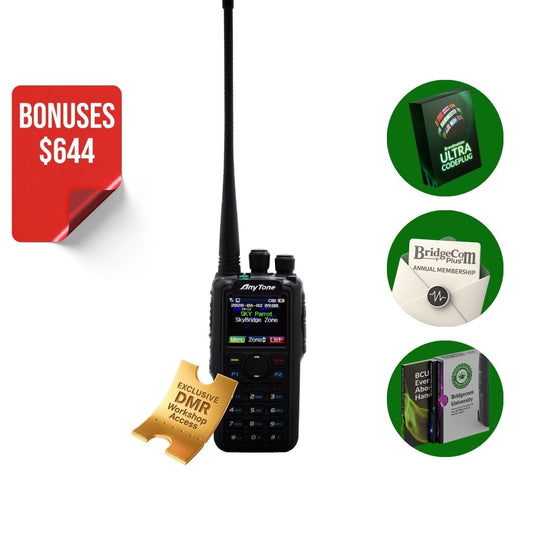 The AnyTone AT-D878UVII Plus Bundle is shown with a gold "Exclusive DMR Workshop Access" ticket, and bonus icons for Ultra Codeplug, BridgeCom Plus, BridgeCom University, and "$644 Bonuses"—ideal for radio training.