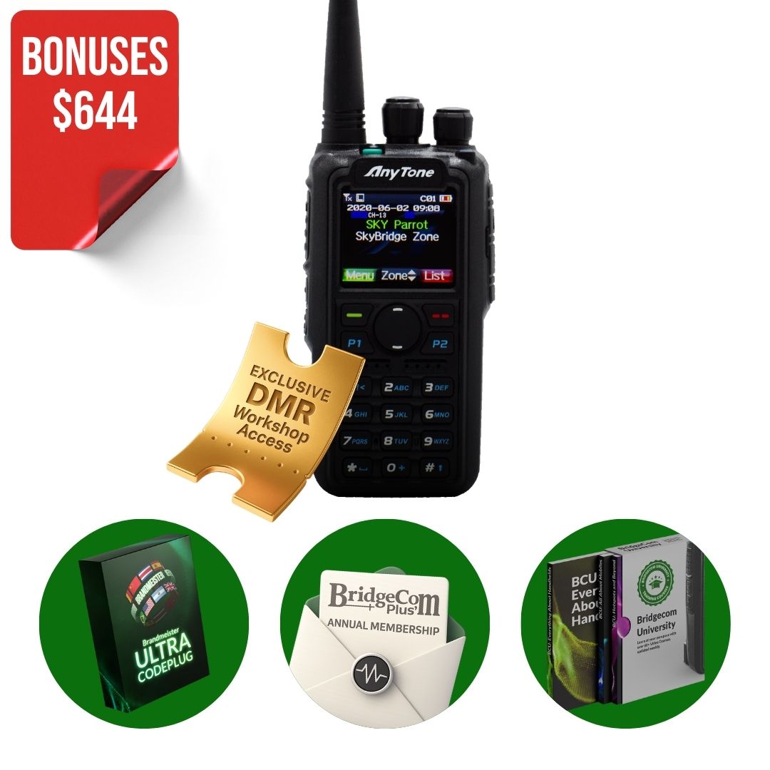 The AnyTone AT-D878UVII Plus Bundle is shown with a gold "Exclusive DMR Workshop Access" ticket, and bonus icons for Ultra Codeplug, BridgeCom Plus, BridgeCom University, and "$644 Bonuses"—ideal for radio training.