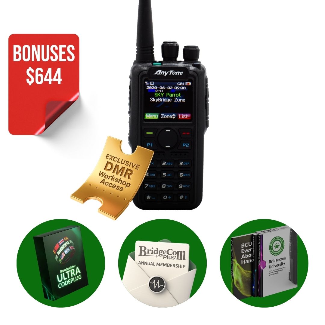 The AnyTone AT-D878UVII Plus Bundle is shown with a gold "Exclusive DMR Workshop Access" ticket, and bonus icons for Ultra Codeplug, BridgeCom Plus, BridgeCom University, and "$644 Bonuses"—ideal for radio training.