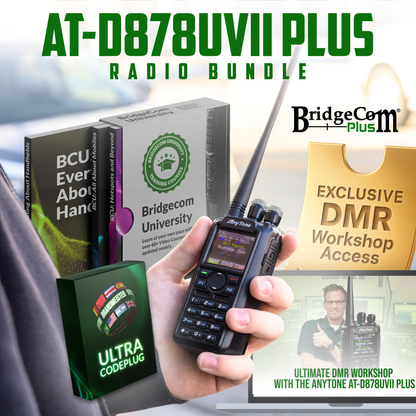 A promotional image for the AnyTone AT-D878UVII Plus Bundle showcases the handheld radio, BridgeCom Systems University guides, Ultra Codeplug card, and exclusive DMR workshop access graphics on a vibrant background.