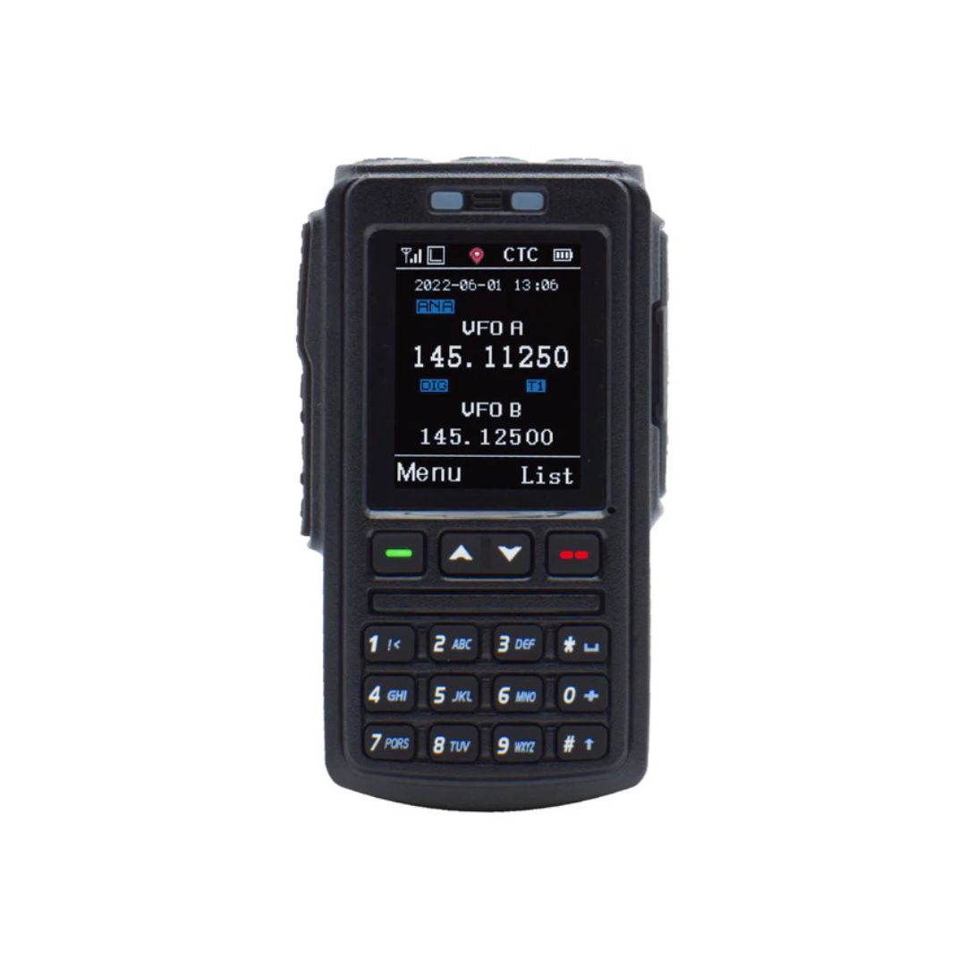 The AT-D578UV Series Bluetooth Speaker Mic BT-01 is a black handheld device with a screen showing frequency info, menu buttons, and a numeric keypad. Shown on a white background, it supports Mobile QSO via the speaker mic.