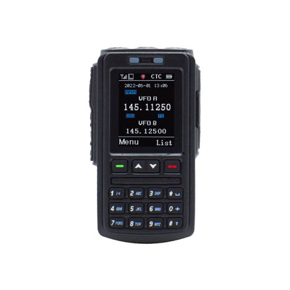 The AT-D578UV Series Bluetooth Speaker Mic BT-01 is a black handheld device with a screen showing frequency info, menu buttons, and a numeric keypad. Shown on a white background, it supports Mobile QSO via the speaker mic.