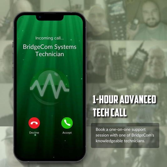 A smartphone shows an incoming call from "BridgeCom Systems Technician" while people with radios stand in the background. Text: "1 Hour Advanced Tech Call" featuring 1-on-1 AnyTone radio support and troubleshooting.