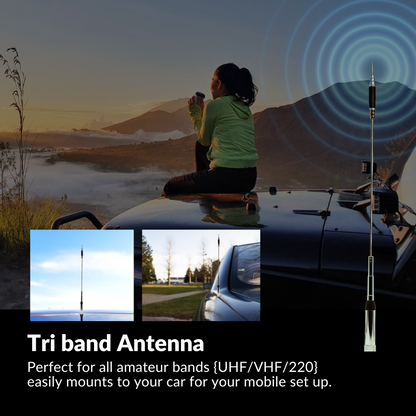 At sunrise, a woman sits on a car roof with mountain views, holding a radio. Inset images highlight the tri-band antenna for UHF/VHF/220 amateur bands, ideal for mobile setups and DMR use with the AnyTone AT-D578UVIII Plus Mobile Deal.