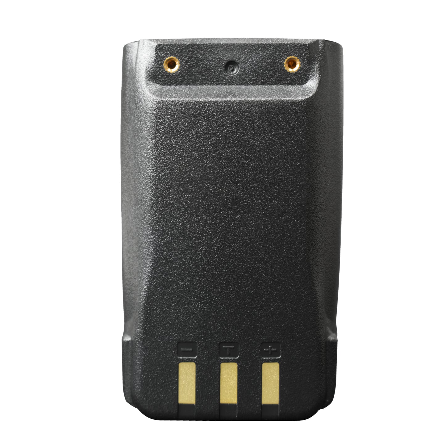 Close-up of an Anytone/Maverick B- Stock Retro Drop-In battery (black, rectangular, 3100mAh) with three gold contacts and symbols at the bottom, shown isolated on white; perfect for electronic devices or two-way radios.