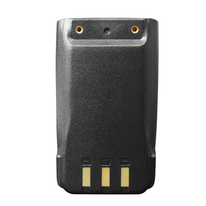 Close-up of an Anytone/Maverick B- Stock Retro Drop-In battery (black, rectangular, 3100mAh) with three gold contacts and symbols at the bottom, shown isolated on white; perfect for electronic devices or two-way radios.