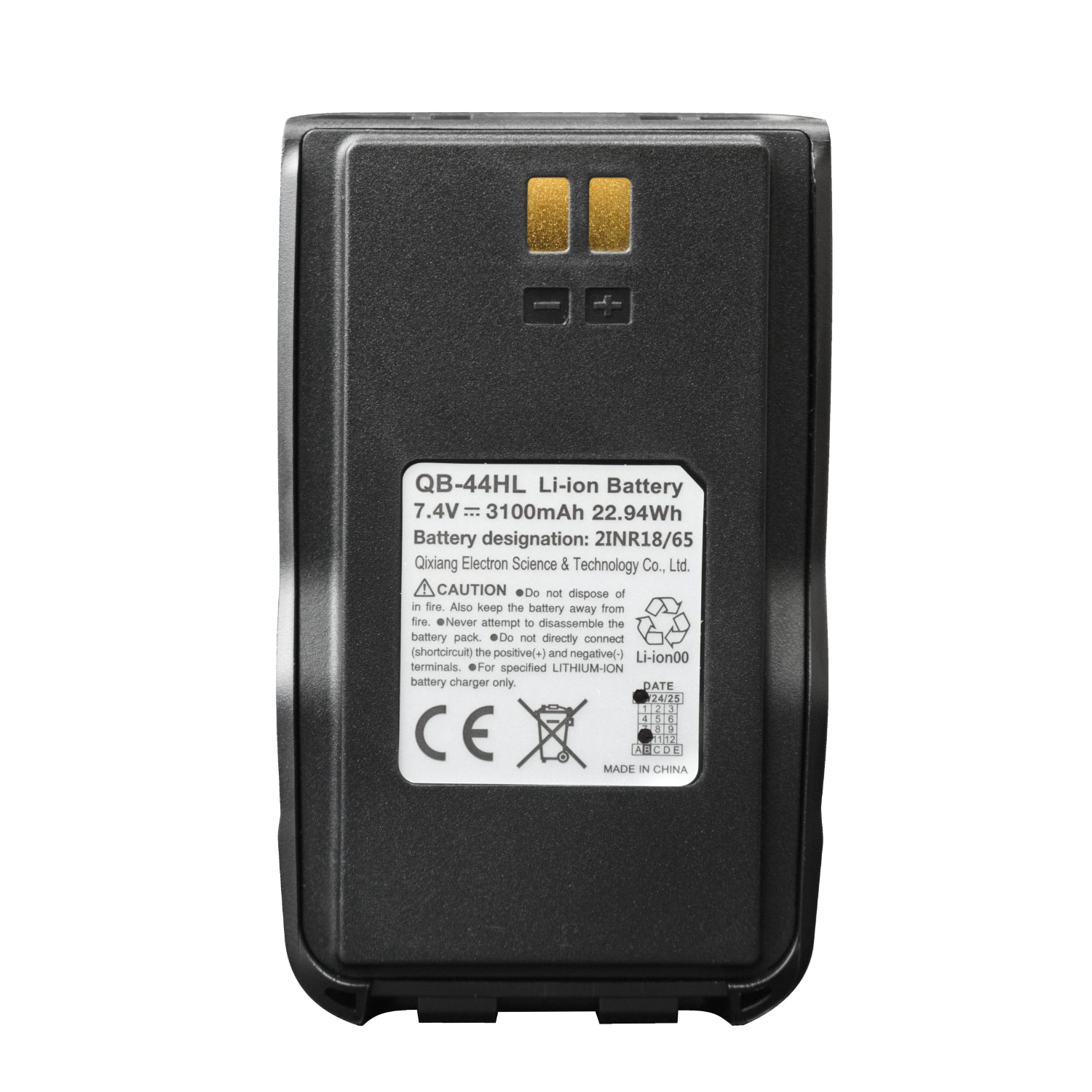A black rectangular 3100mAh battery (QB-44HL), 7.4V, 22.94Wh, with metal contacts and a white label with cautions and manufacturer info—a reliable Anytone/Maverick B-Stock Retro Drop-In battery for handheld devices, now on SALE!.