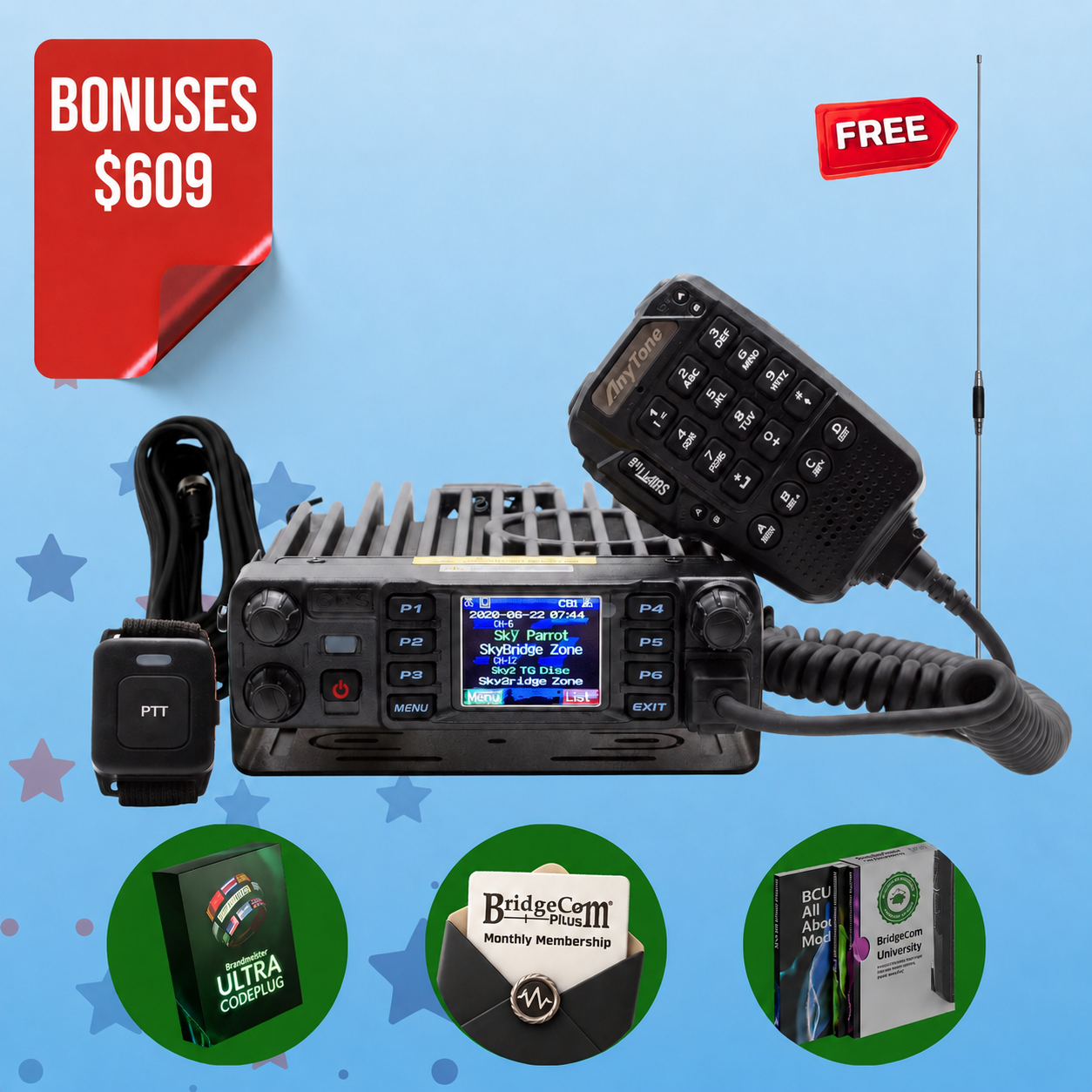 The AnyTone AT-D578UVIII Plus tri-band DMR mobile radio is shown with a mic, power cable, and antenna. Bonus images feature a digital course, BridgeCom membership, BCUA eBook, and a red tag displaying "$609 Bonuses.