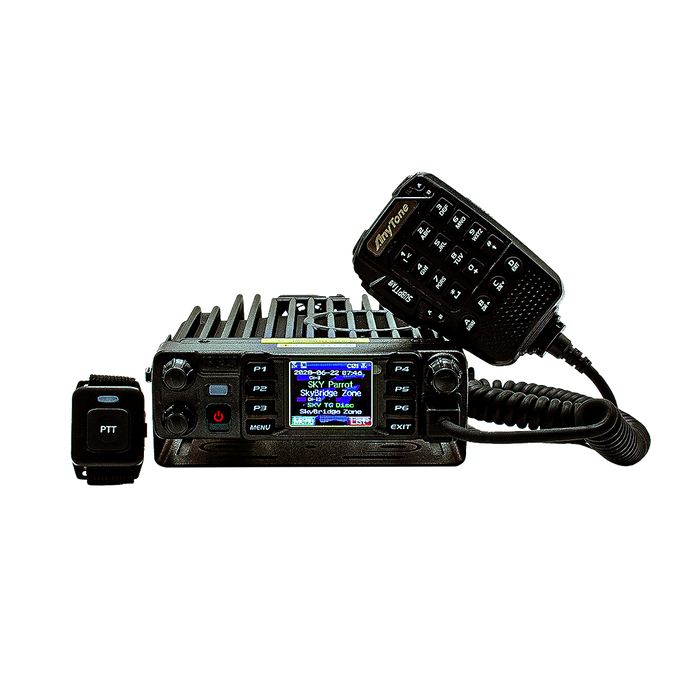 The AnyTone 578UVIII PLUS is a black Tri-Band Mobile Radio with a digital display, DMR and analog capability, and includes buttons P1 to P6. It features a handheld microphone with coiled cord and PTT button, plus a $97 Training Course free!.