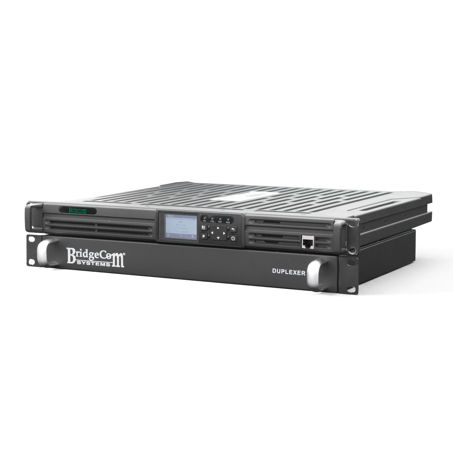 The BridgeCom BCR-GMRS is a black GMRS Repeater System with Duplexer, featuring a front display, buttons, ventilation slots, and rack-mount design. It’s FCC Part 95E certified and shown on a white background.