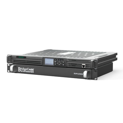 The BridgeCom BCR-GMRS is a black GMRS Repeater System with Duplexer, featuring a front display, buttons, ventilation slots, and rack-mount design. It’s FCC Part 95E certified and shown on a white background.