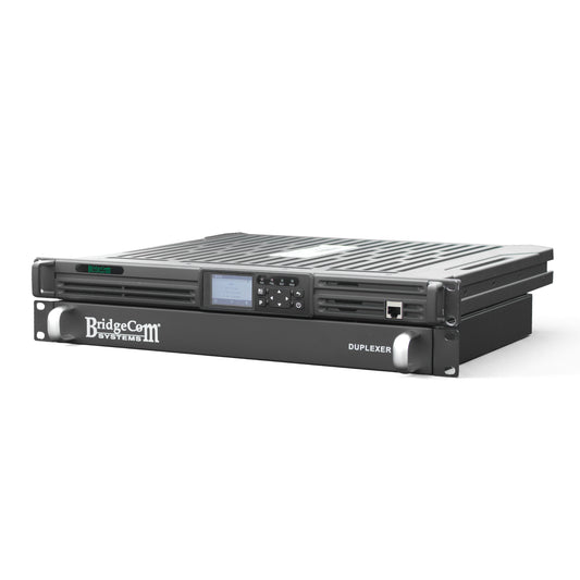 The BridgeCom BCR-GMRS is a black GMRS Repeater System with Duplexer, featuring a front display, buttons, ventilation slots, and rack-mount design. It’s FCC Part 95E certified and shown on a white background.