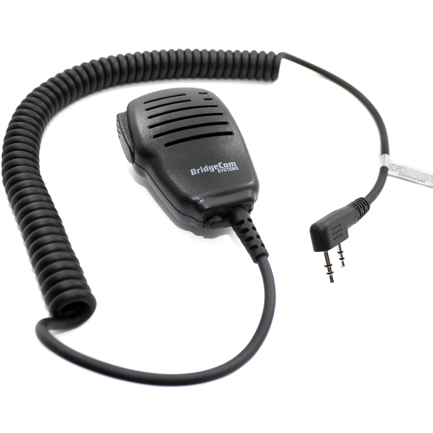 Image of a black, handheld BridgeCom BCS-200 Water Resistant Speaker Mic with a coiled cord. The front of the microphone features the BridgeCom Systems logo. The cord terminates in a Kenwood Style plug.