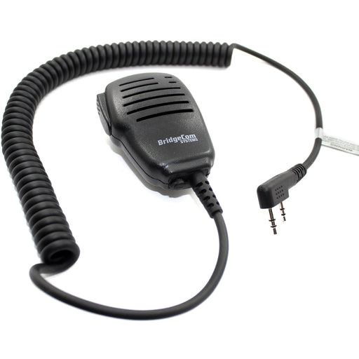 Image of a black, handheld BridgeCom BCS-200 Water Resistant Speaker Mic with a coiled cord. The front of the microphone features the BridgeCom Systems logo. The cord terminates in a Kenwood Style plug.