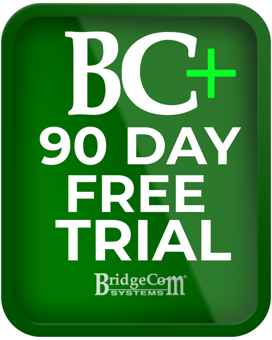 A green badge with bold white text shows "BridgeCom Plus 90-Day Free Trial." The BridgeCom Systems logo is at the bottom, spotlighting exclusive Amateur Radio benefits for BridgeCom Plus members.