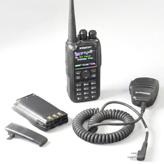 The Maverick Emergency Pack features a handheld two-way HT radio with display, keypad, and whip antenna. Labels highlight Plus, get four bonus items and an exclusive DMR ID card for the ultimate emergency bundle.