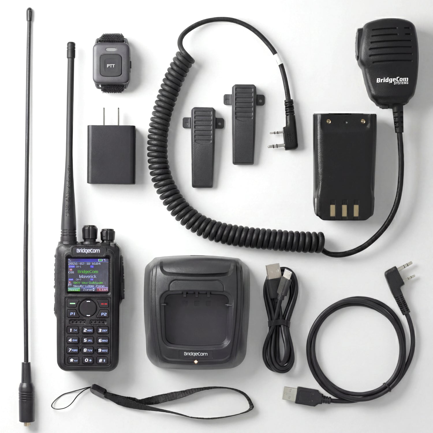 Bridge Com Maverick emergency pack, which includes: BC Maverick handheld radio, high-gain antenna, extra long antenna, Bluetooth push-to-talk button, USB wall charger adapter,USB-C charging base, USB-C to USB-A cable, programming cable, wrist strap, BCS speaker mic, extra battery for BC Maverick, extra belt clip for BC Maverick