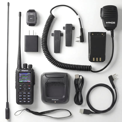 Bridge Com Maverick emergency pack, which includes: BC Maverick handheld radio, high-gain antenna, extra long antenna, Bluetooth push-to-talk button, USB wall charger adapter,USB-C charging base, USB-C to USB-A cable, programming cable, wrist strap, BCS speaker mic, extra battery for BC Maverick, extra belt clip for BC Maverick