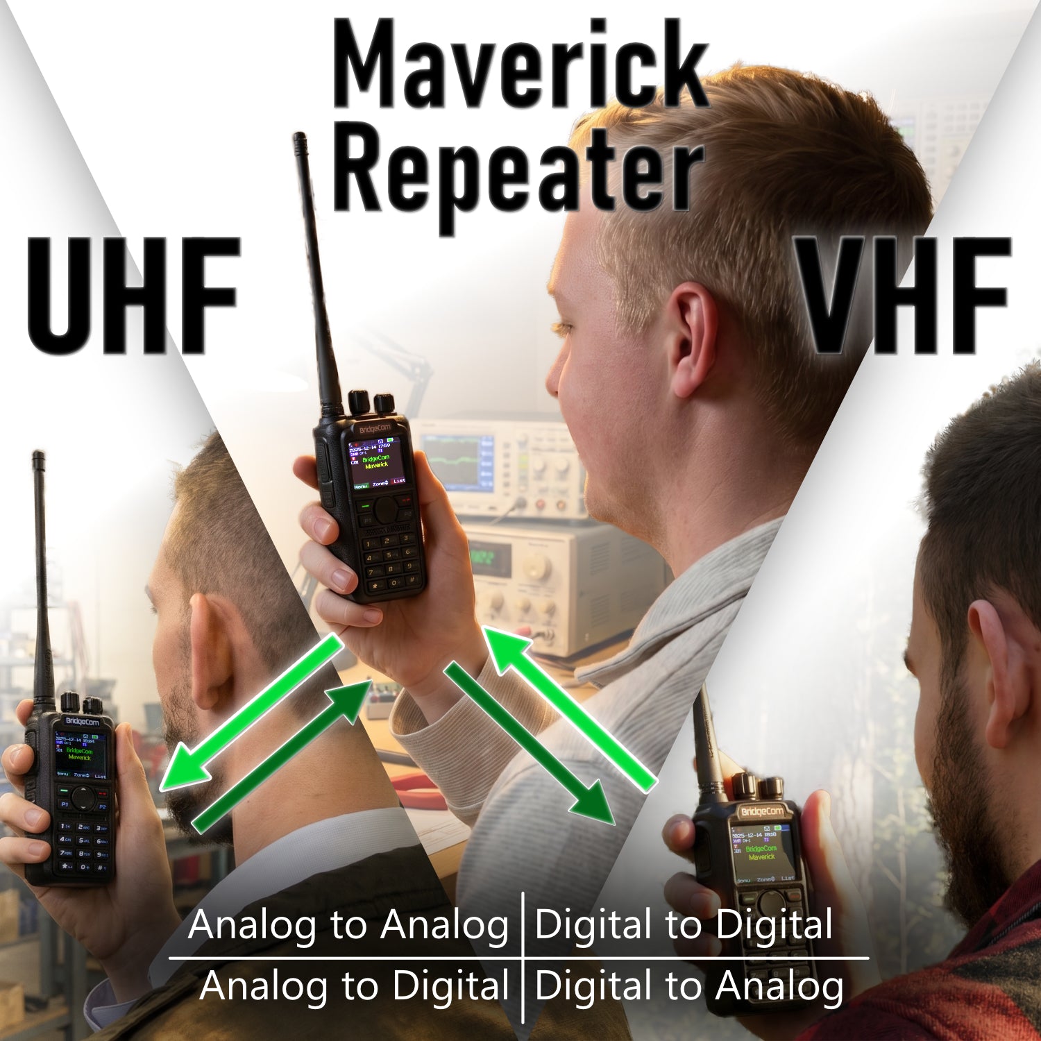 3 BC Maverick's connected through the Maverick's repeater function allowing UHF and VHF to talk to eachother along with DMR and Analog users