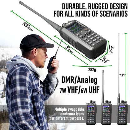 Ron on mountain speaking into BC Maverick next to diagram of Dual-band DMR and Analog BC Maverick, showing all the HT's measurements.  11.5 inch (29.2 cm) total eight with standard antenna, 5 inch (12.9 cm) radio body height, 2.4 inch (6.1 cm) radio body width, 1.5 inch (3.9 cm) radio depth, as well ass 19.25 inches when longer included antenna is attached.