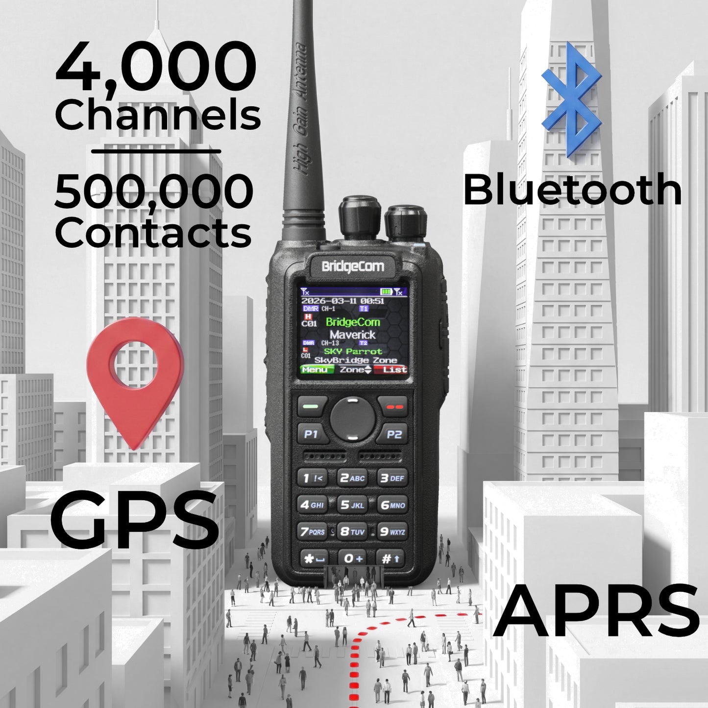BC Maverick sitting in a model city showing off its features like 4,000 channels, 500,000 contacts, Bluetooth, GPS, and APRS features