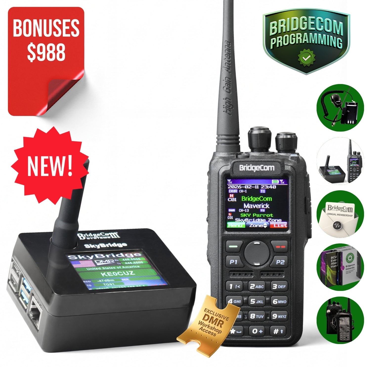 The BridgeCom Maverick DMR Plug and Play Package features pre-programmed accessories, bonus items valued at $988, and is marked “NEW!”. Images display programming kits, a warranty card, and a digital mode activation card.