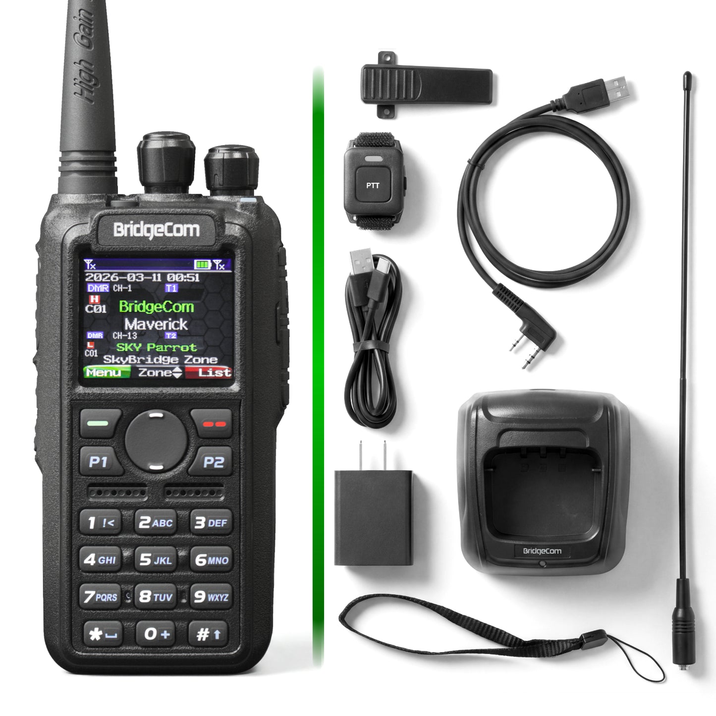 The Commercial Maverick Dual Band DMR/Analog 7W VHF, 6W UHF Radio features a display, keypad, charging cable, wrist strap, antenna, clip, power adapter, and Push-to-Talk wristband—ideal for emergency response communications.