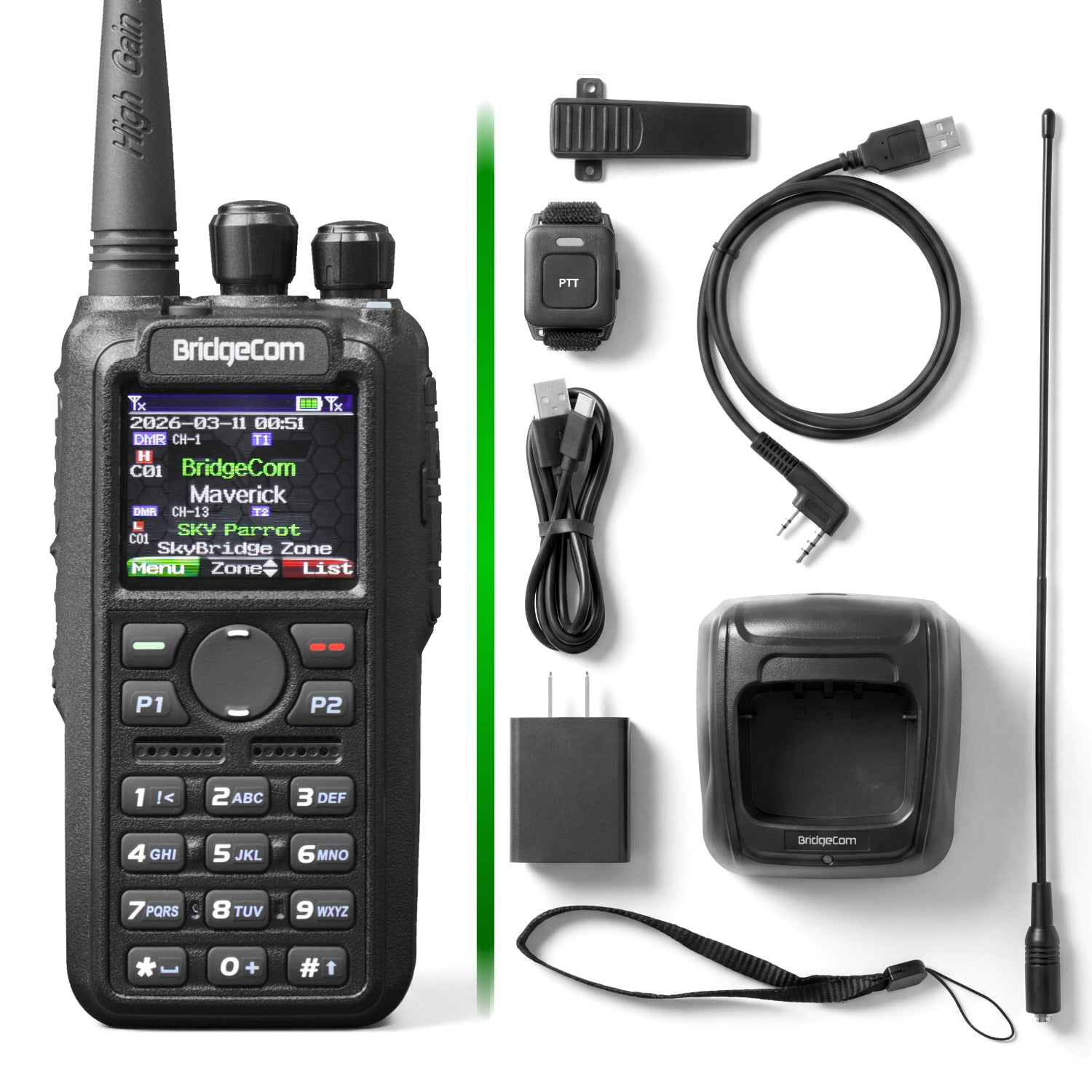 The Commercial Maverick Dual Band DMR/Analog 7W VHF, 6W UHF Radio features a display, keypad, charging cable, wrist strap, antenna, clip, power adapter, and Push-to-Talk wristband—ideal for emergency response communications.
