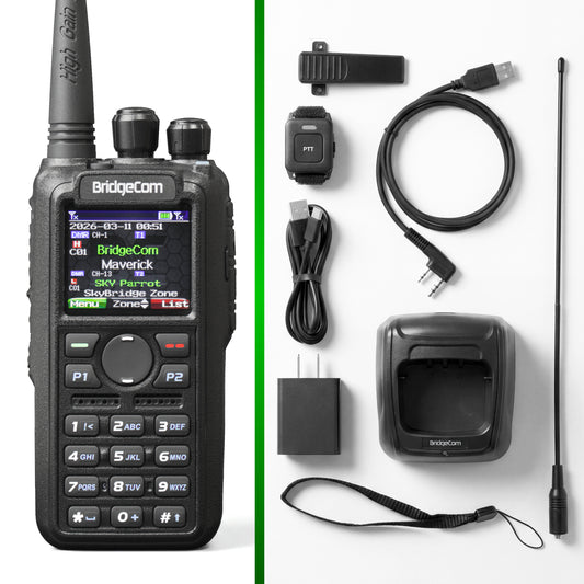 The Commercial Maverick Dual Band DMR/Analog 7W VHF, 6W UHF Radio features a display, keypad, charging cable, wrist strap, antenna, clip, power adapter, and Push-to-Talk wristband—ideal for emergency response communications.