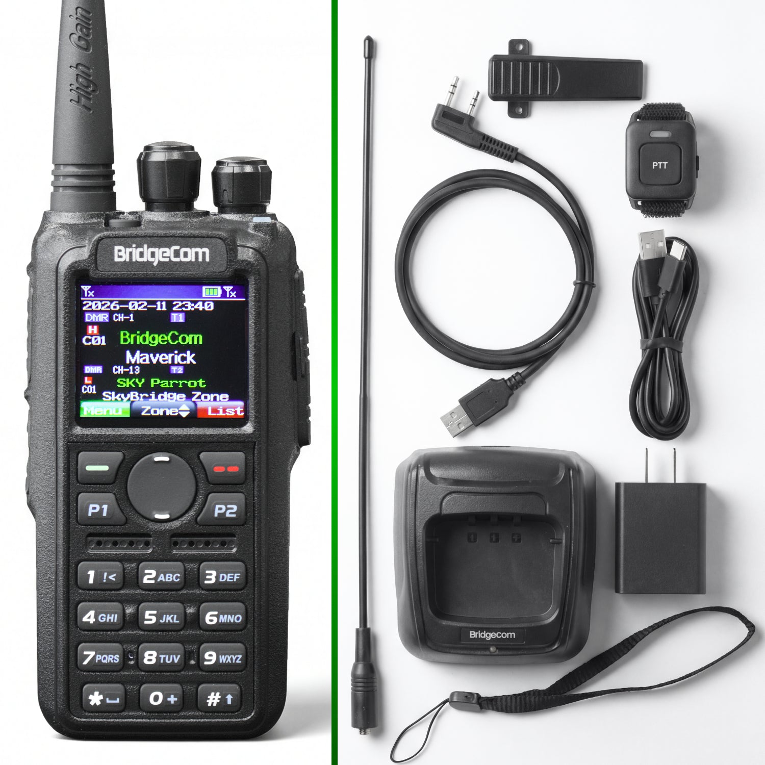 The Commercial Maverick Dual Band DMR/Analog 7W VHF, 6W UHF Radio features a display, keypad, charging cable, wrist strap, antenna, clip, power adapter, and Push-to-Talk wristband—ideal for emergency response communications.