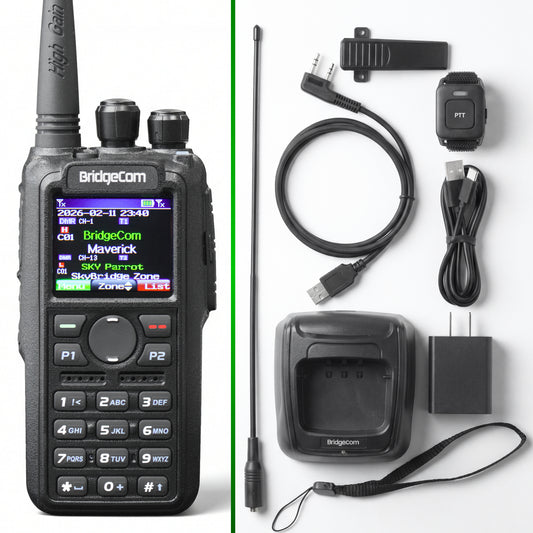 The Commercial Maverick Dual Band DMR/Analog 7W VHF, 6W UHF Radio features a display, keypad, charging cable, wrist strap, antenna, clip, power adapter, and Push-to-Talk wristband—ideal for emergency response communications.