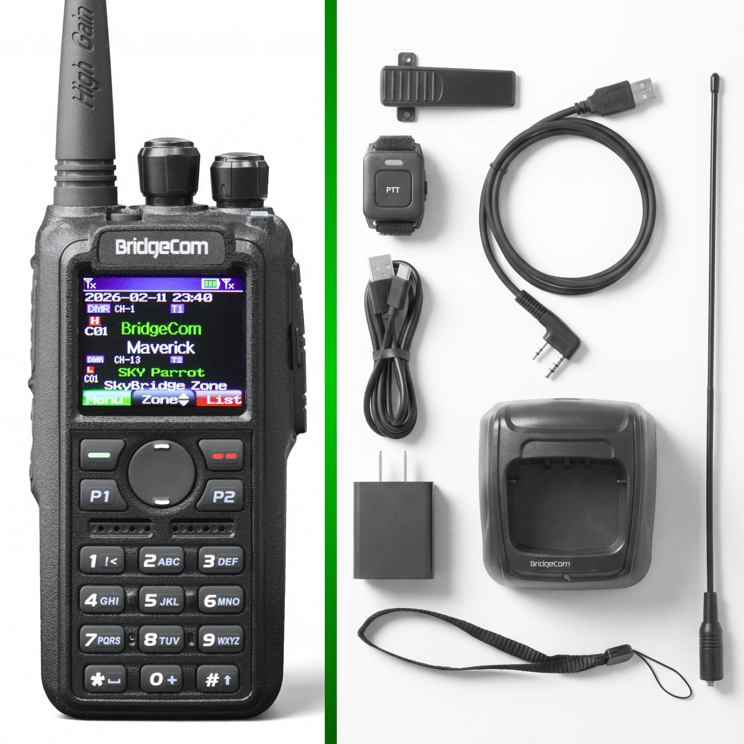 The Commercial Maverick Dual Band DMR/Analog 7W VHF, 6W UHF Radio features a display, keypad, charging cable, wrist strap, antenna, clip, power adapter, and Push-to-Talk wristband—ideal for emergency response communications.