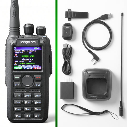 The Commercial Maverick Dual Band DMR/Analog 7W VHF, 6W UHF Radio features a display, keypad, charging cable, wrist strap, antenna, clip, power adapter, and Push-to-Talk wristband—ideal for emergency response communications.