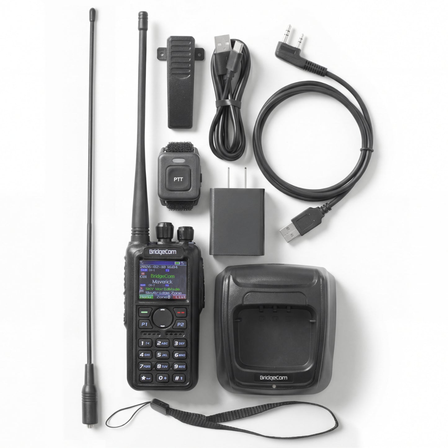BridgeCom Maverick Dual Band DMR/Analog Radio set, including antenna,  long antenna, wrist strap, programming cable, USB-C charging cable, USB wall adapter, belt clip, charging dock, and Bluetooth push-to-talk button