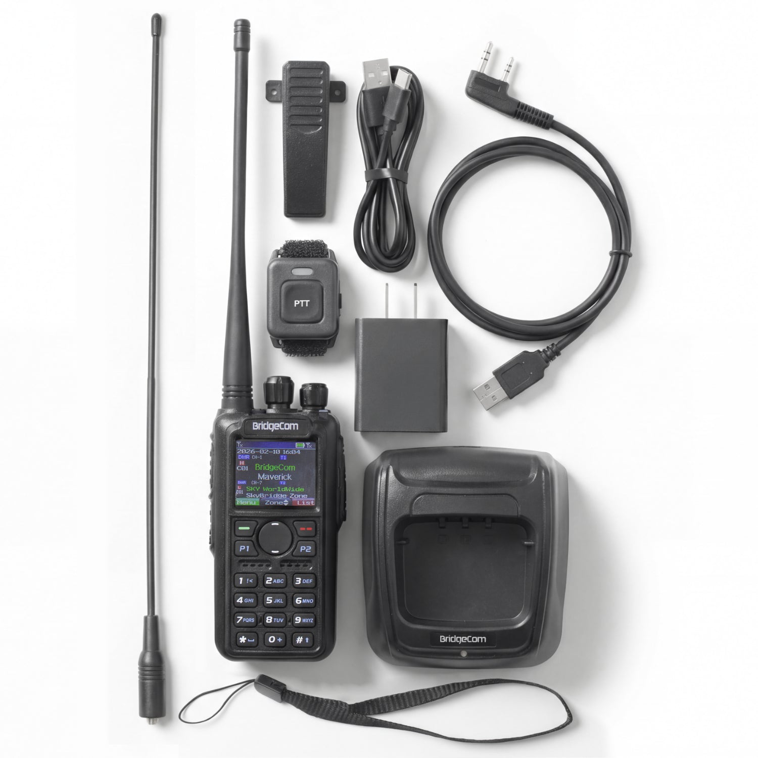 BridgeCom Maverick Dual Band DMR/Analog Radio set, including antenna,  long antenna, wrist strap, programming cable, USB-C charging cable, USB wall adapter, belt clip, charging dock, and Bluetooth push-to-talk button